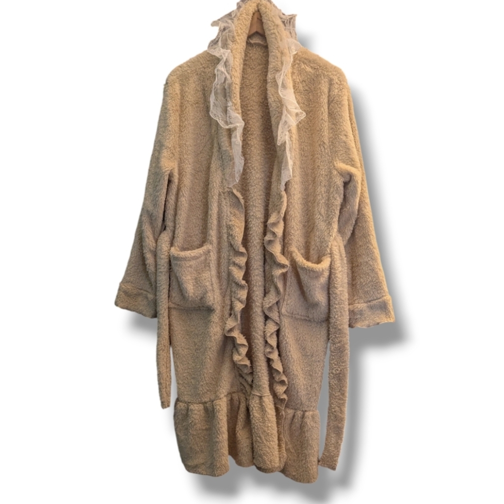 Cozy Tan Fleece Robe with Lace Trim Women's Plus Size XXL (Runs Small) - Picture 4 of 5